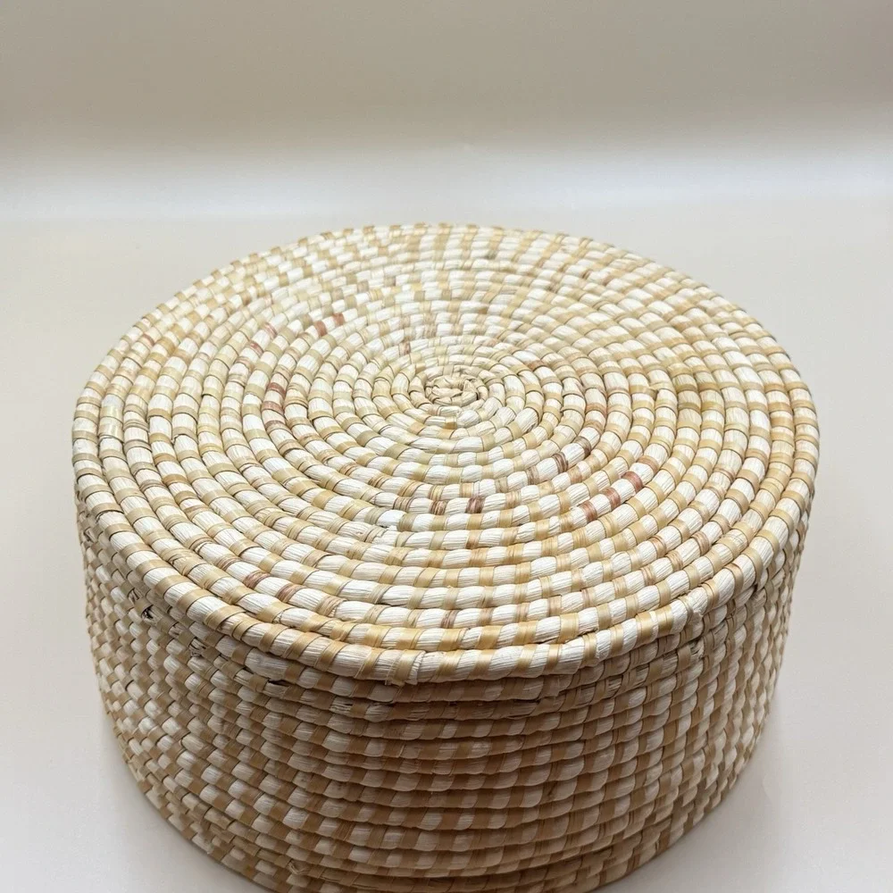 Handwoven Lidded Raffia Coil Basket Natural Boho Woven Storage Basket Vintage
